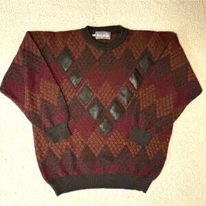 Vintage Masaccio Argyle Sweater with Leather Diamond Patches Made in Italy 80s